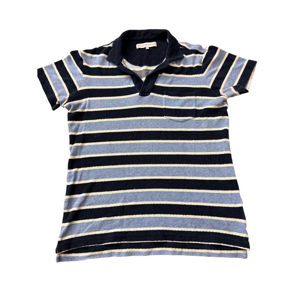 Orlebar Brown Terry Str Striped Cotton Towelling Polo Shirt Navy Blue Small